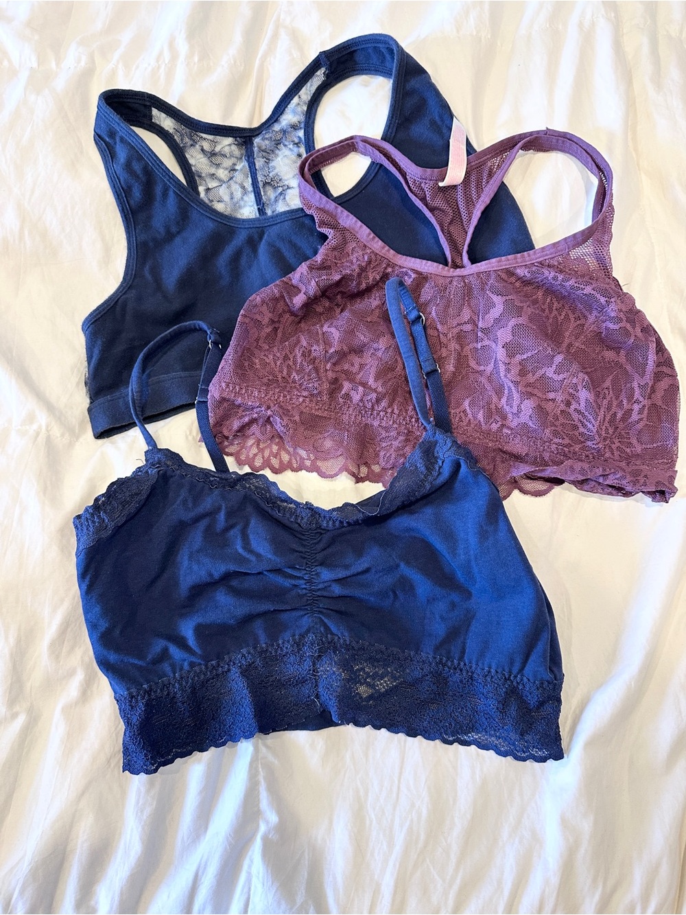 Victoria's Secret Lace & Stretch Bralette Trio in Navy and Mauve